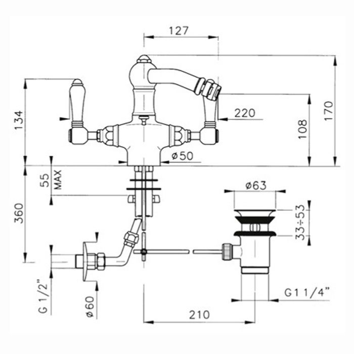 Nicolazzi El Capitan Смеситель для биде с 2мя ручками, на 1 отв., с донным клапаном, излив 127мм, цвет: Bronze Plated, артикул 1434BZ69