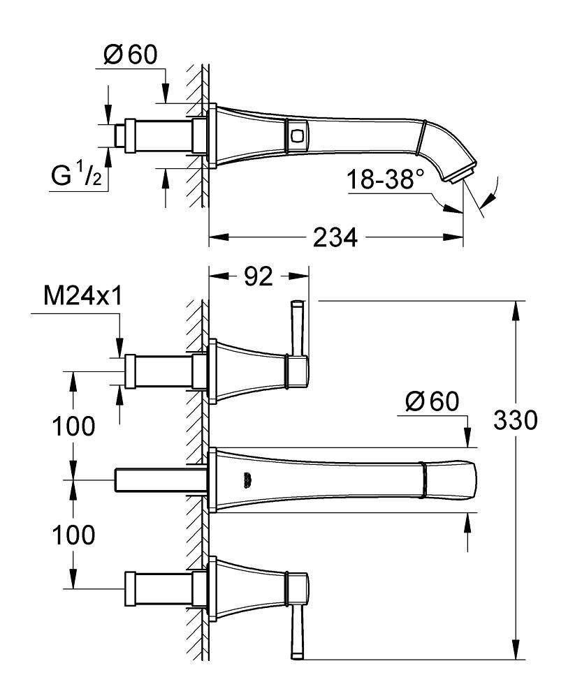 Внешняя часть смесителя для раковины GROHE Grandera на 3 отверстия (вынос 234 мм), хром (20415000)