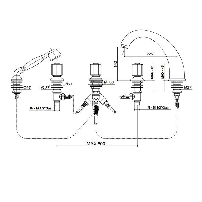Bongio Fleur Blanc Смеситель на борт ванны (5 отв.) с ручным душем, цвет золото/белый фарфор