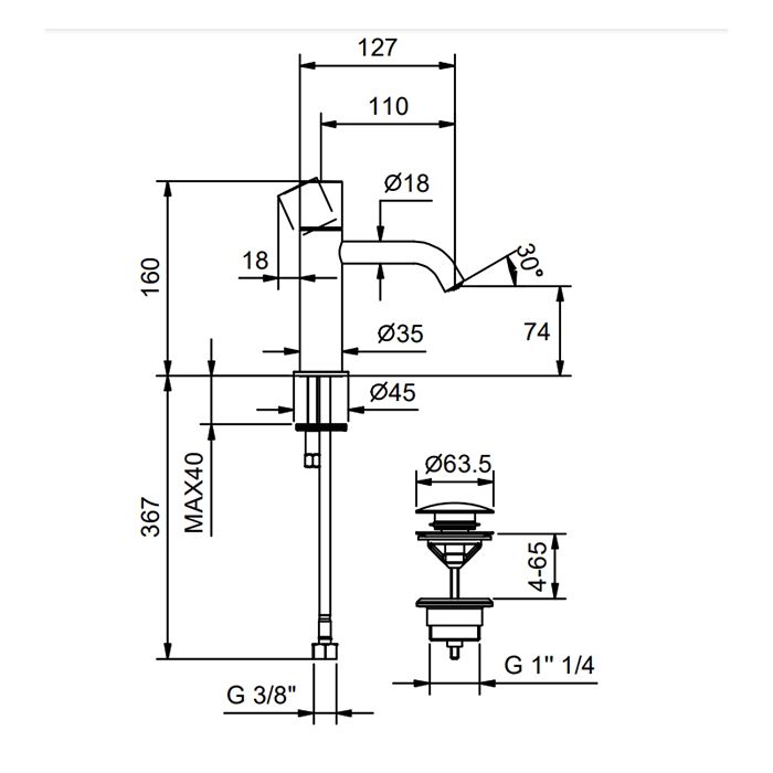 Смеситель для раковины, Fantini, Nostromo Small, отверстия для монтажа-1, высота, мм-160, вынос излива, мм-110, донный клапан-есть, нажимного типа, цвет-хром, в комплекте-ручки, подводка, ограничитель потока воды до 5 л/мин при 3 бар