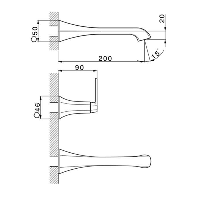 CISAL Cherie Смеситель на раковину на 3 отверстия из стены, излив 200 мм,внешняя часть, цвет хром/черный матовый, артикул CF0135106T