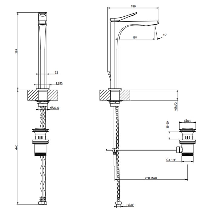GESSI Rilievo Смеситель для раковины на 1 отв. с донным клапаном  h=297мм, излив 154мм , цвет: хром