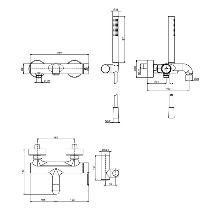 Смеситель для ванны и душа, Fima Carlo Frattini, Snap, тип открывания воды-однорычажный, кнопочный переключатель, тип регулирования воды-керамический картридж, монтаж-настенный, отверстия для монтажа-2, вынос излива, мм-169, тип излива-неподвижный, 2 подв