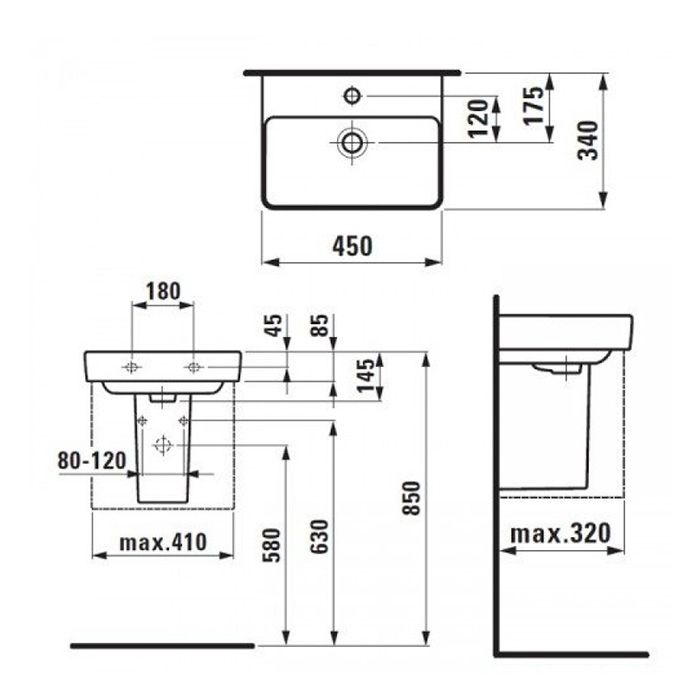 Laufen Pro S Раковина 450х340х85 мм,подвесная/на столешницу, с 1 отв. под смеситель, c переливом, цвет: белый