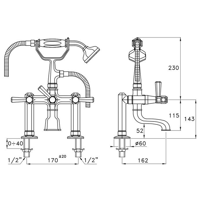 Stella Eccelsa Leve Смеситель на борт ванны на 2 отверстия 3274RG306 с ручным душем, цвет: хром