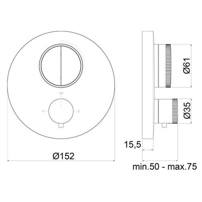 Almar PUSH ROUND CORE Внешняя часть термостата на 2 потребителя, Copper Brushed PVD Almar PUSH ROUND CORE Внешняя часть термостата на 2 потребителя, Copper Brushed PVD