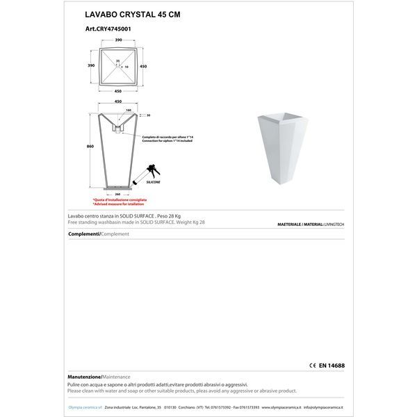 Olympia Crystal, раковина напольная 45х45см, цвет белый глянцевый