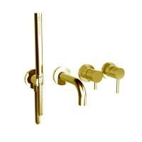 BONGIO ON Смеситель для ванны встраиваемый, однорычажный, с изливом и ручным душем,цвет матовое французское золото (без встраиваемой части 0969000VA)