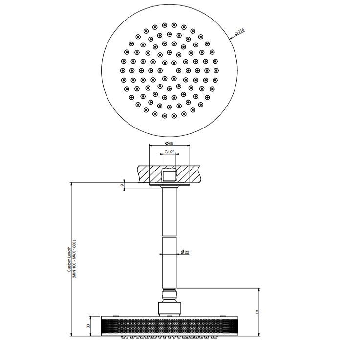 GESSI INCISO Потолочная душевая головка шарнирная на 1/2'', Ø218 мм, длина изготавливается под заказ (мин. 105, макс. 1855мм), цвет: хром