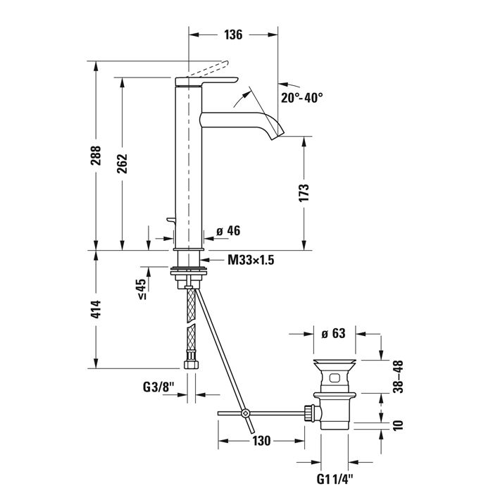 Duravit C.1 Смеситель для раковины на 1 отв. высокий h=262 мм, с донным клапаном, излив 136мм, цвет: хром, артикул C11030001010