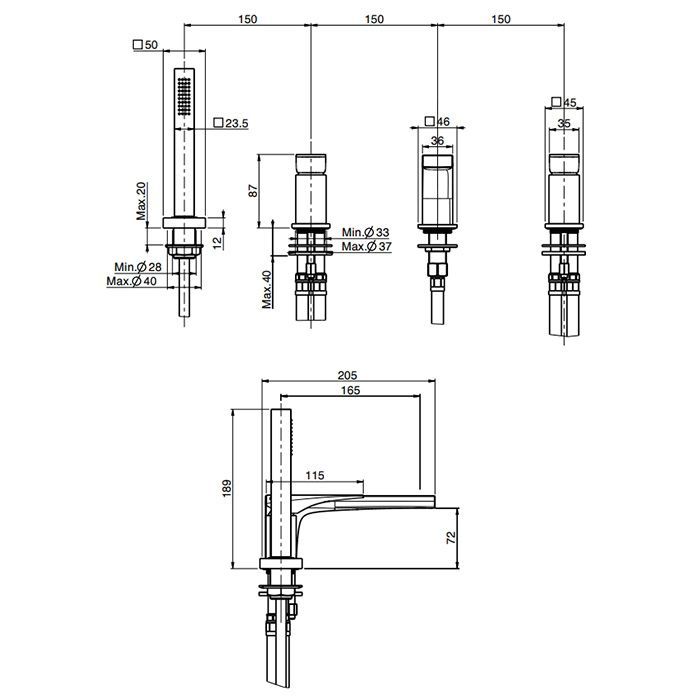 Fima Carlo Frattini Zeta Смеситель на борт ванны, на 4 отв., с ручным душем, цвет: чёрный матовый