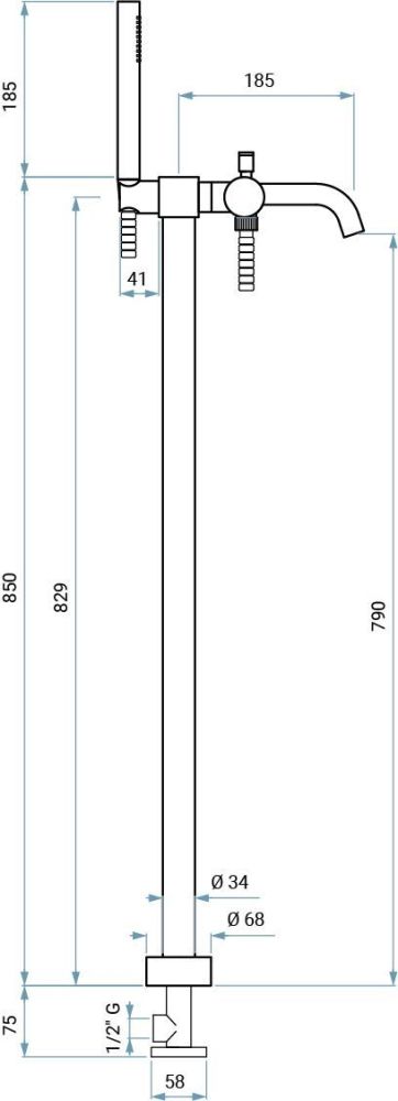 Emmevi Filobrass, однорычажный напольный смеситель для ванны на 2-х ногах (излив 18,5 см), рукоятка без стержня, c набором для душа, цвет хром, артикул 8500128ZI/CR