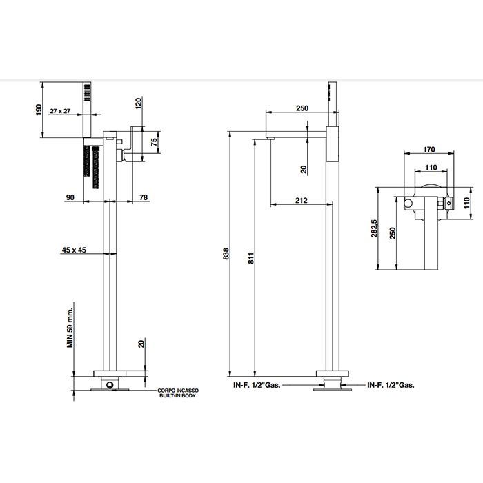 Bongio Line Смеситель напольный , излив 212 см, цвет хром (без встраиваемой части 09744), артикул 67534CR0DPREU