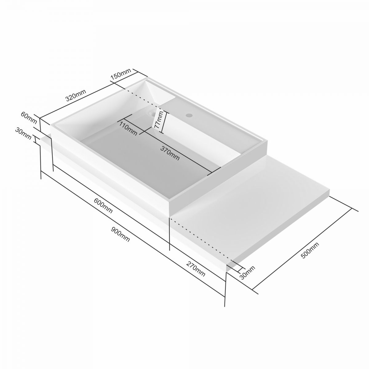 Раковина над стиральной машиной "Юпитер 900*500"  левый, ш/гл без кронштейнов