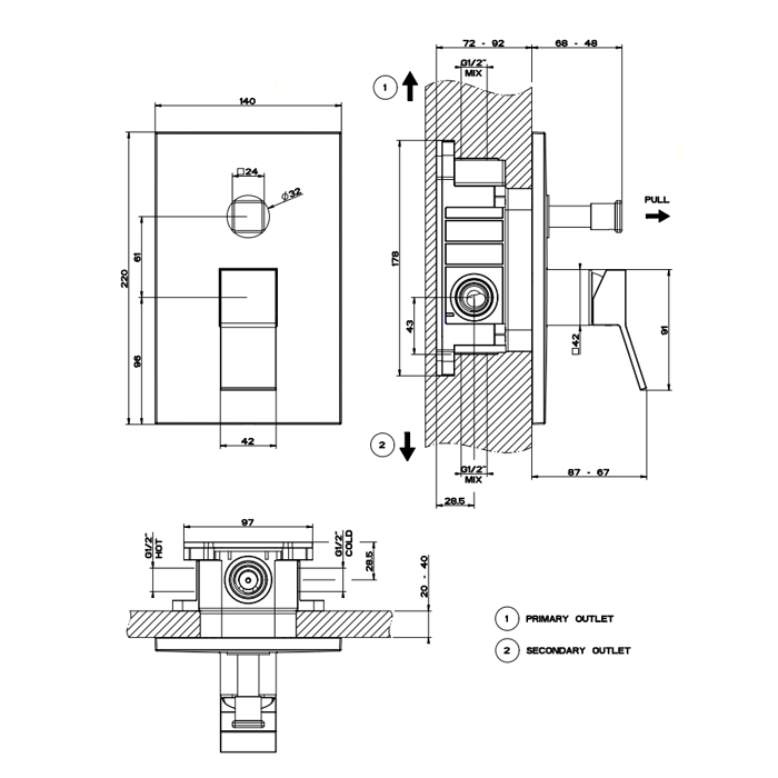 Gessi Rettangolo K Встраиваемый однорычажный смеситель для душа (внешняя часть) с переключателем, цвет: хром