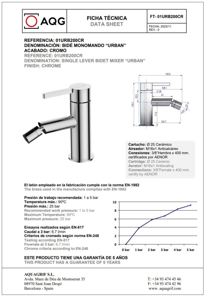 AQG Urban, однорычажный смеситель для биде без донного клапана, цвет хром, артикул 01URB200CR