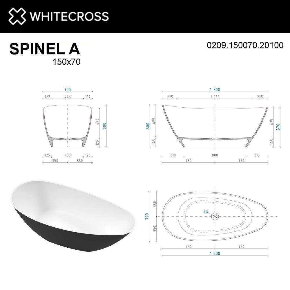 Ванна WHITECROSS Spinel A 150x70 (черный/белый мат) иск. камень
