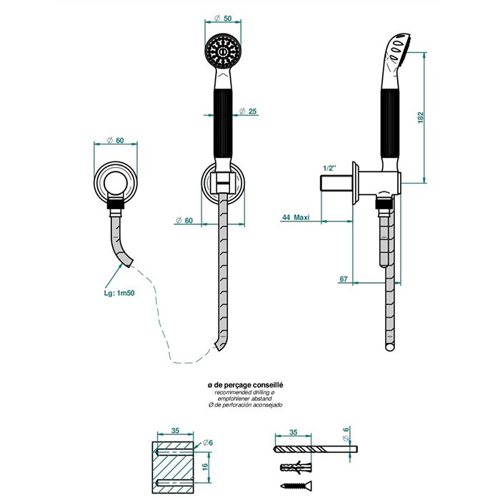 THG MOON DRAGON Душевой комплект с ручным душем, шлангом 1500 мм., подводом воды и держателем, цвет хром