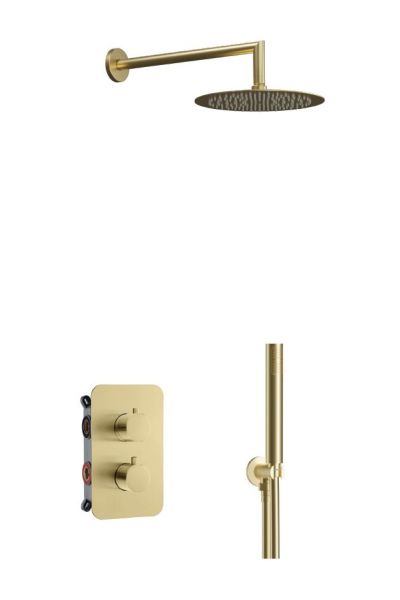 AQG Aqua, душевой комплект на 2 потребителя:c термостатом, с круглым верхним душем 25х25 см и кронштейном, цвет матовое золото (PVD)
