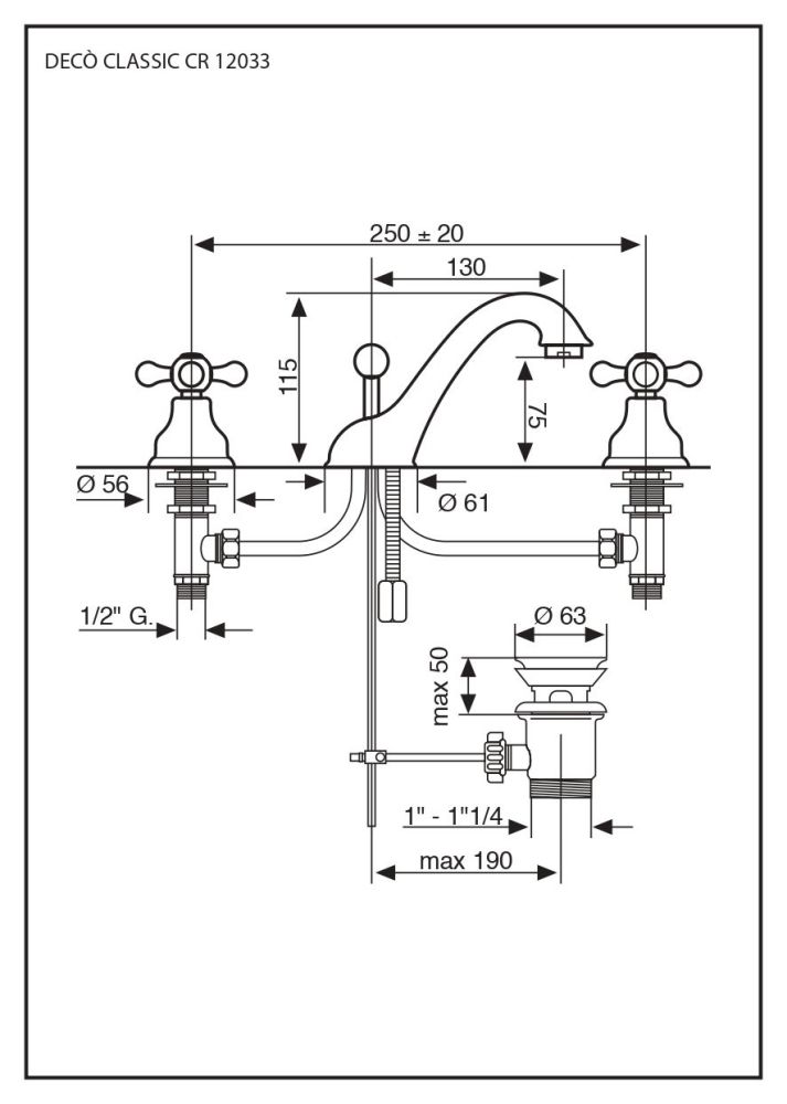 Emmevi Deco Classic, двухвентильный смеситель для раковины (излив 13 см), на 3 отверстия, с донным клапаном, цвет золото