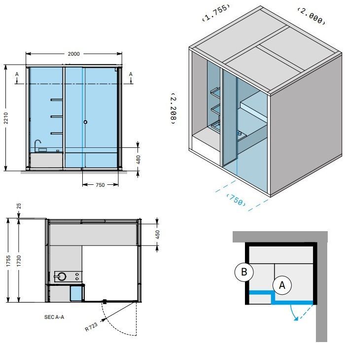 Effegibi BodyLove H Хаммам 200x176xh220 см, размещение в угол L.H., D.X., отделка гладкое стекло, наружные стены гладкое стекло