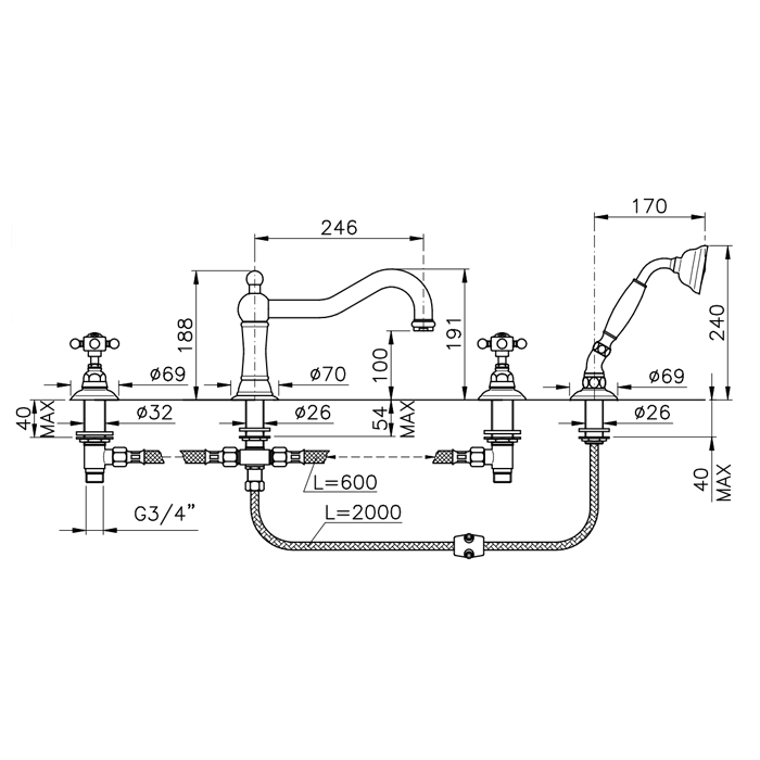 Nicolazzi Half Dome Crystal Смеситель на борт ванны с душем на 4 отверствия, излив: 246 мм, цвет: хром