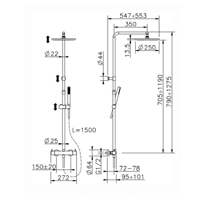CISAL Less New Настенная душевая система:термостатический смеситель для душа,верхний душ,ручной душ с держателем и шлангом, цвет хром
