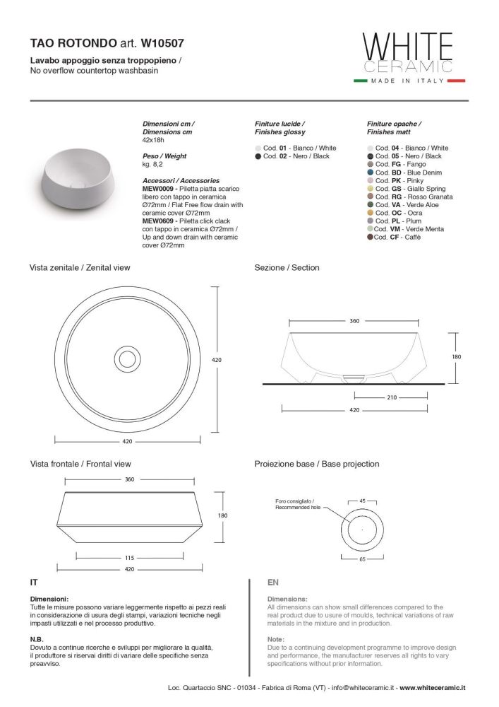 White Tao, накладная круглая раковина Ø42x18h см, цвет белый глянцевый, артикул W1050701