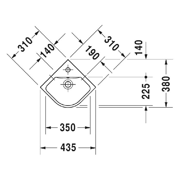 Duravit ME by Starck Угловая раковина для рук с перел., с 1 отв. под смес., 430x380мм, Цвет: Белый