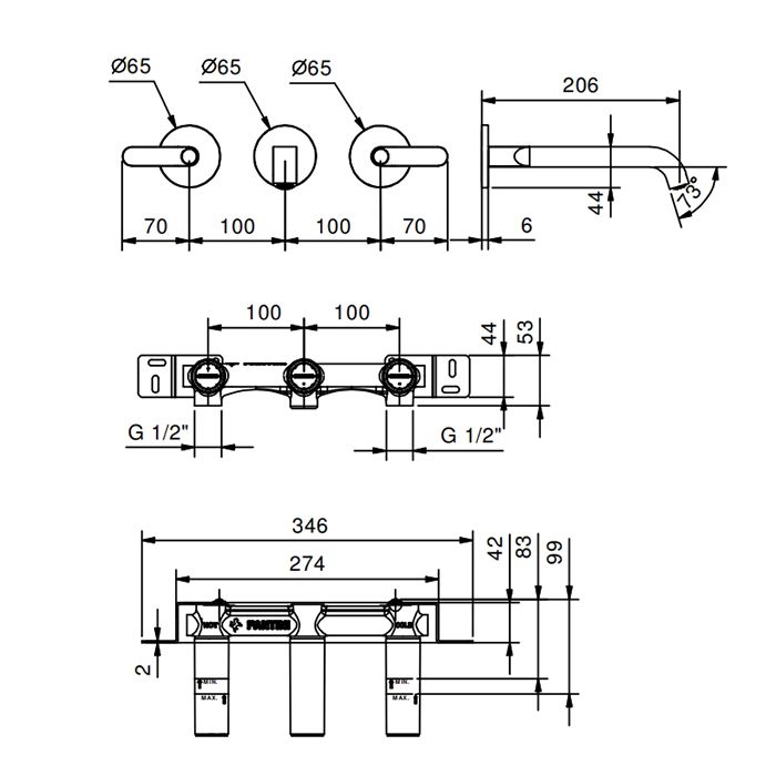 Fantini Icona Deco Смеситель для раковины, встраиваемый, на 3 отв, без донного клапана, излив 200мм (наружняя часть), цвет: черный матовый