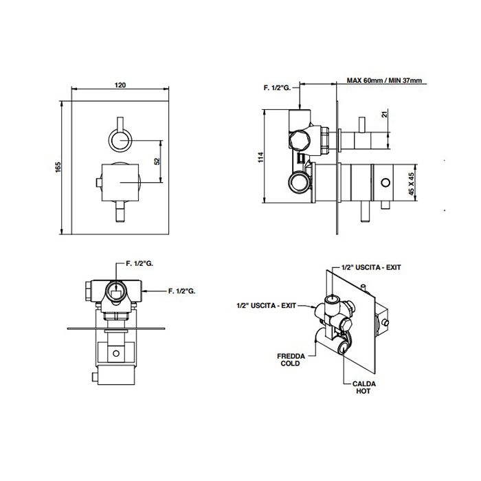 Bongio Domino Термостатический встраиваемый смеситель с дивертором на 2 источника, цвет хром (без встаиваемой части 9766)