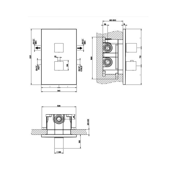 Gessi Rettangolo Встраиваемый термостат, подключение на 3/4”, с переключателем на 2 выхода(внешние части), цвет: черный