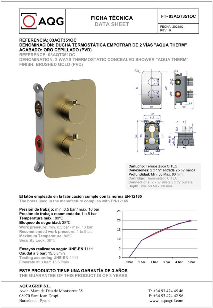 AQG Aqua, душевой комплект на 2 потребителя:c термостатом, с круглым верхним душем 25х25 см и кронштейном, цвет матовое золото (PVD), артикул 19AQTER24609