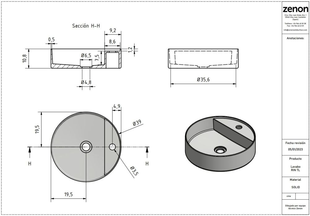 Zenon Rin, накладная раковина круглой формы с отверстием под смеситель, 39х39х10,8 см, цвет белый матовый, артикул 4000.000.000.000.23362