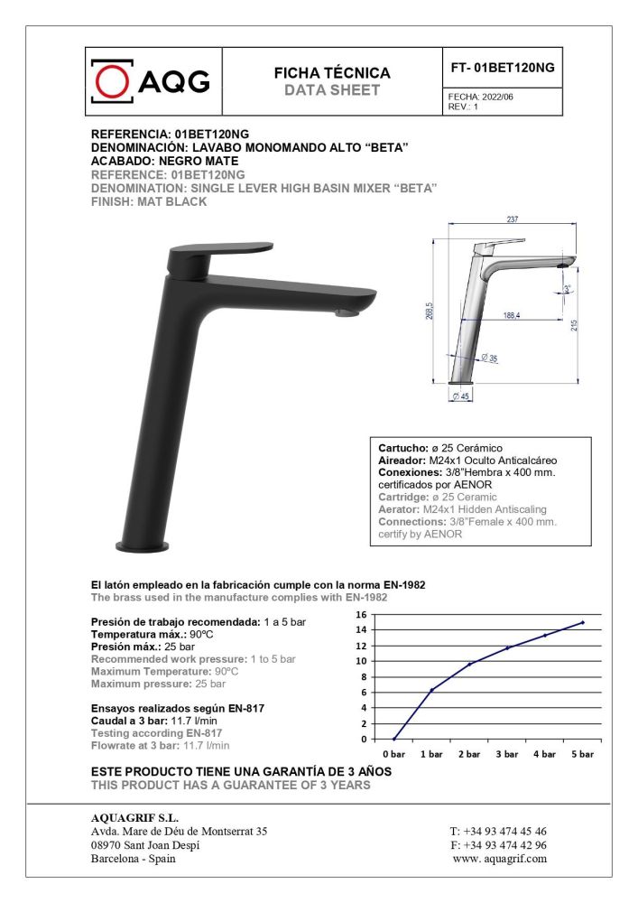 AQG Beta, высокий однорычажный смеситель для раковины без донного клапана, цвет черный матовый, артикул 01BET120NG