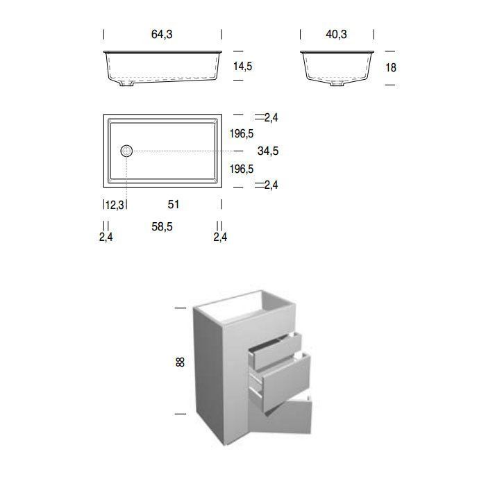 NOORTH milldue edition TOUCH Комплект мебели 640х400х880 мм., напольный, 3 ящика, слив в пол, раковина Milltek белая матовая, отделка Abete NOORTH milldue edition TOUCH Комплект мебели 640х400х880 мм., напольный, 3 ящика, слив в пол, раковина Milltek белая матовая, отделка Abete