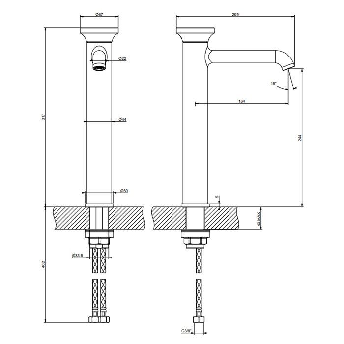 GESSI Origini Смеситель для раковины высокий без донного клапана, в компл с отд вставкой, цвет Brushed Brass PVD