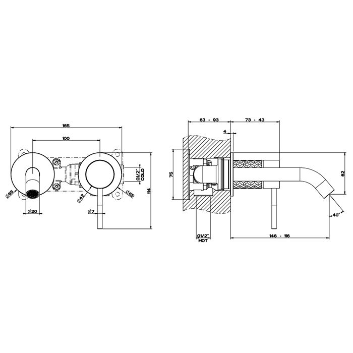 GESSI 316 Встраиваемый смеситель для раковины с изливом 146-116мм (внешняя часть), цвет: steel brushed