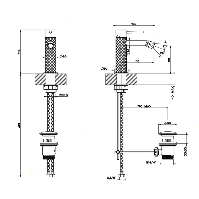 GESSI 316 Смеситель для биде на 1 отверстие с донным клапаном, излив 118мм, цвет: steel brushed