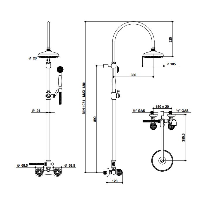 Bongio Rivoli Смеситель  душевой со стойкой с верхним и ручным душем, цвет золото/Cristallo 00