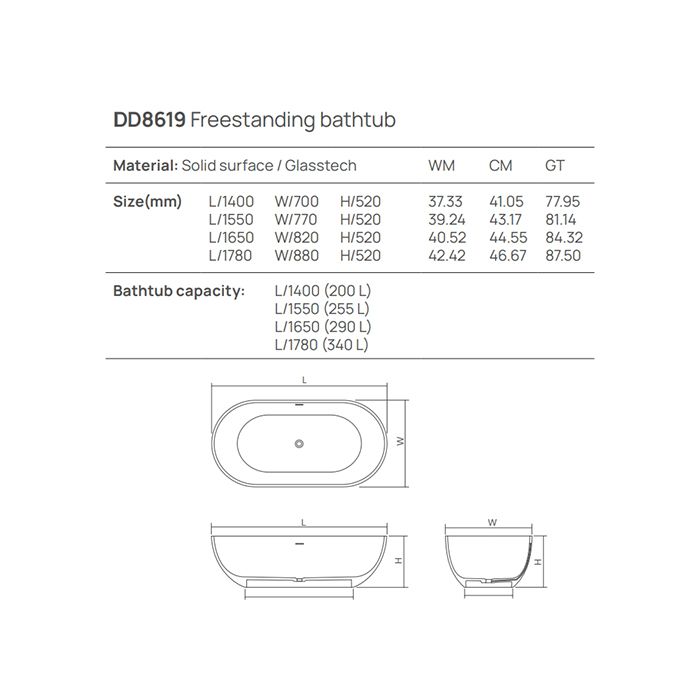 Ванна, DEA Design, Shadow, ширина, мм-1650, глубина, мм-820, высота, мм-520, водоизмещение (л)-290, тип установки-отдельностоящий, форма-овальная, материал-Solid surface, цвет-белый матовый (Matt White, Bianco Opaco)