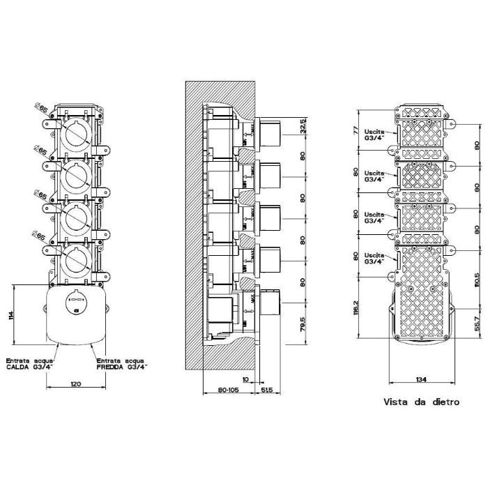 Gessi Tondo Встраиваемый термостат для душа, с 4мя независимыми выходами, верт/гориз установка, (внешние части), цвет: хром