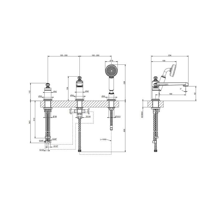 GESSI VENTI20 Смеситель для установки на борт ванны на 3 отверстия, однорычажный, с ручным душем и шлангом 1500 мм., цвет Copper Brushed PVD