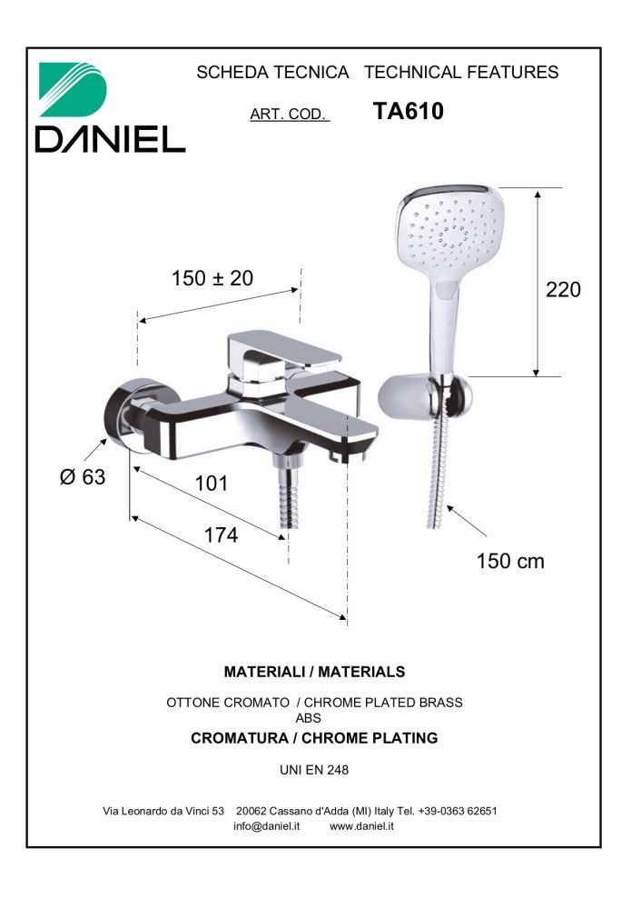 Daniel Tiara, однорычажный смеситель для ванны (излив 17,4 см), c набором для душа, цвет золото, артикул TA610-DO