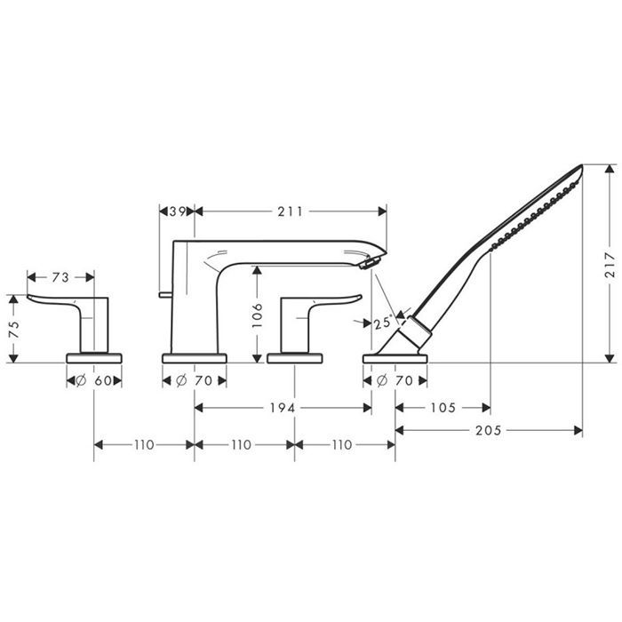 HG Metris Смеситель на край ванны, на 4 отв., излив 220мм, ручной душ 1jet, цвет: хром HG Metris Смеситель на край ванны, на 4 отв., излив 220мм, ручной душ 1jet, цвет: хром
