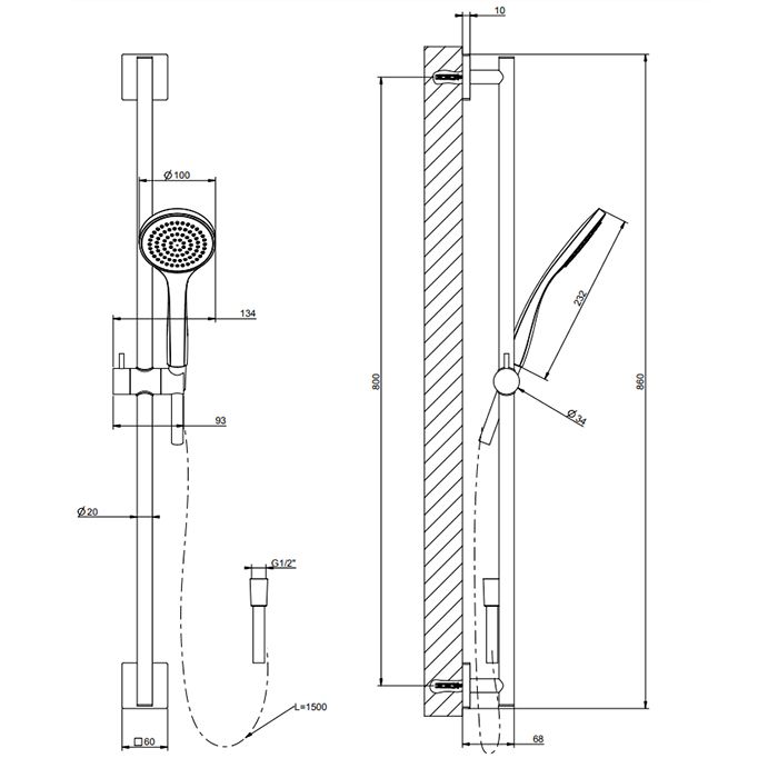 GESSI Rilievo Штанга в комплекте с душевой лейкой, шланг 1,50 м., цвет: nero XL