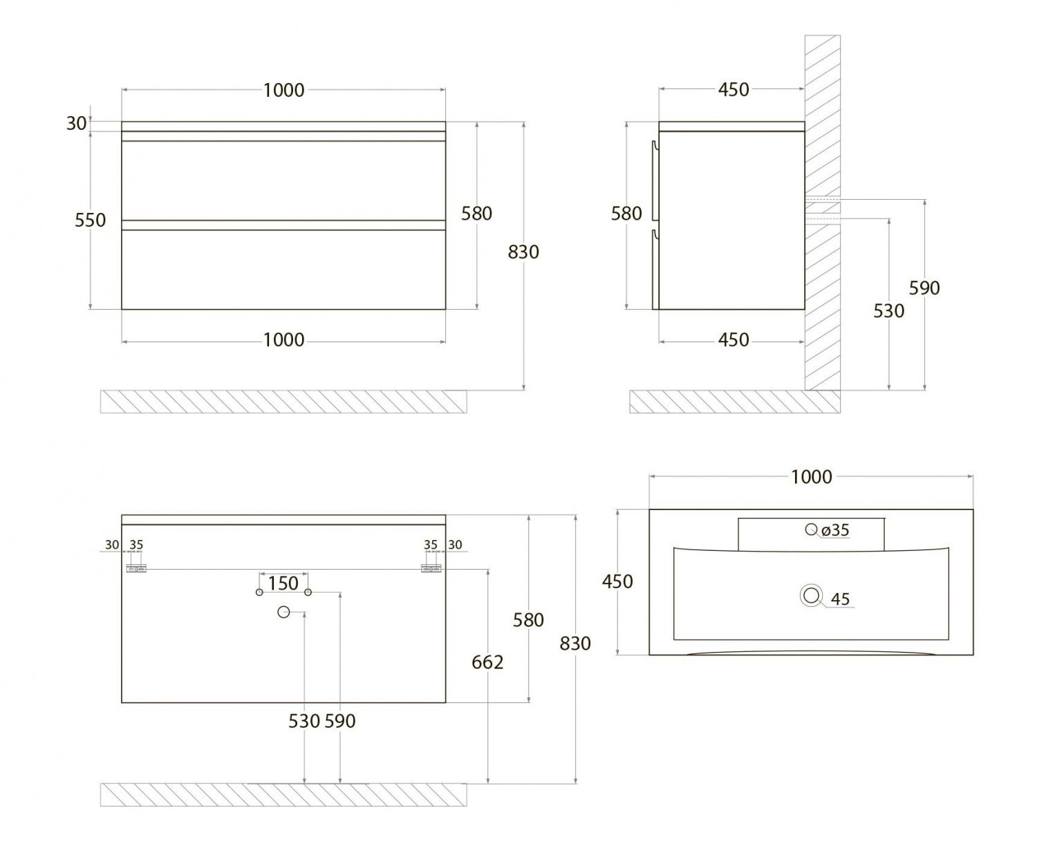 BIANCHI База под раковину подвесная с двумя выкатными ящиками, Серый матовый AM-Bianchi-1000-2C-SO-GM
