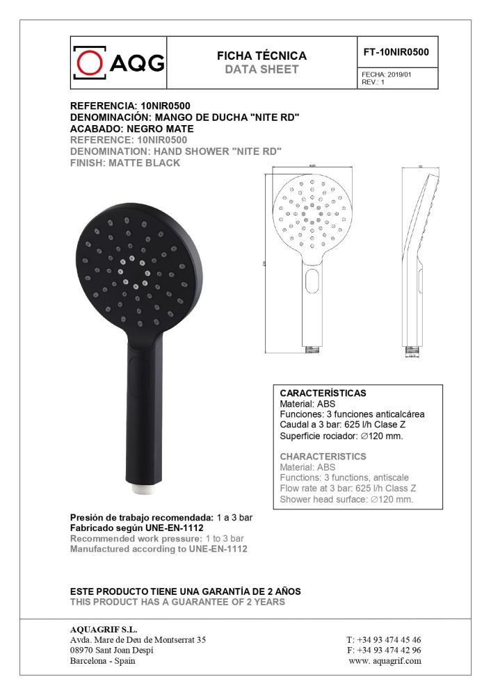 AQG, ручной душ антикальцевый NITE RD 120 мм, 2х режимный, цвет черный матовый, артикул 10NIR0500