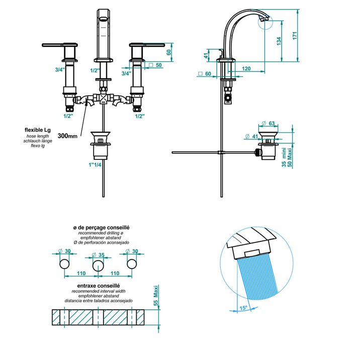 THG METROPOLIS CRISTAL CLAIR A MANETTES Смеситель для раковины на 3 отверстия, с донным клапаном, цвет хром