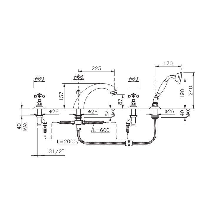 Nicolazzi Le Pietre Смеситель на борт ванны, 4 отв., излив: 223 мм, с ручным душем, цвет: хром